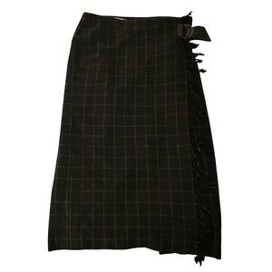 David N 8 Brown Plaid Wool Blend Wrap Skirt Fringe Buckle 80/90s Fall Class Chic